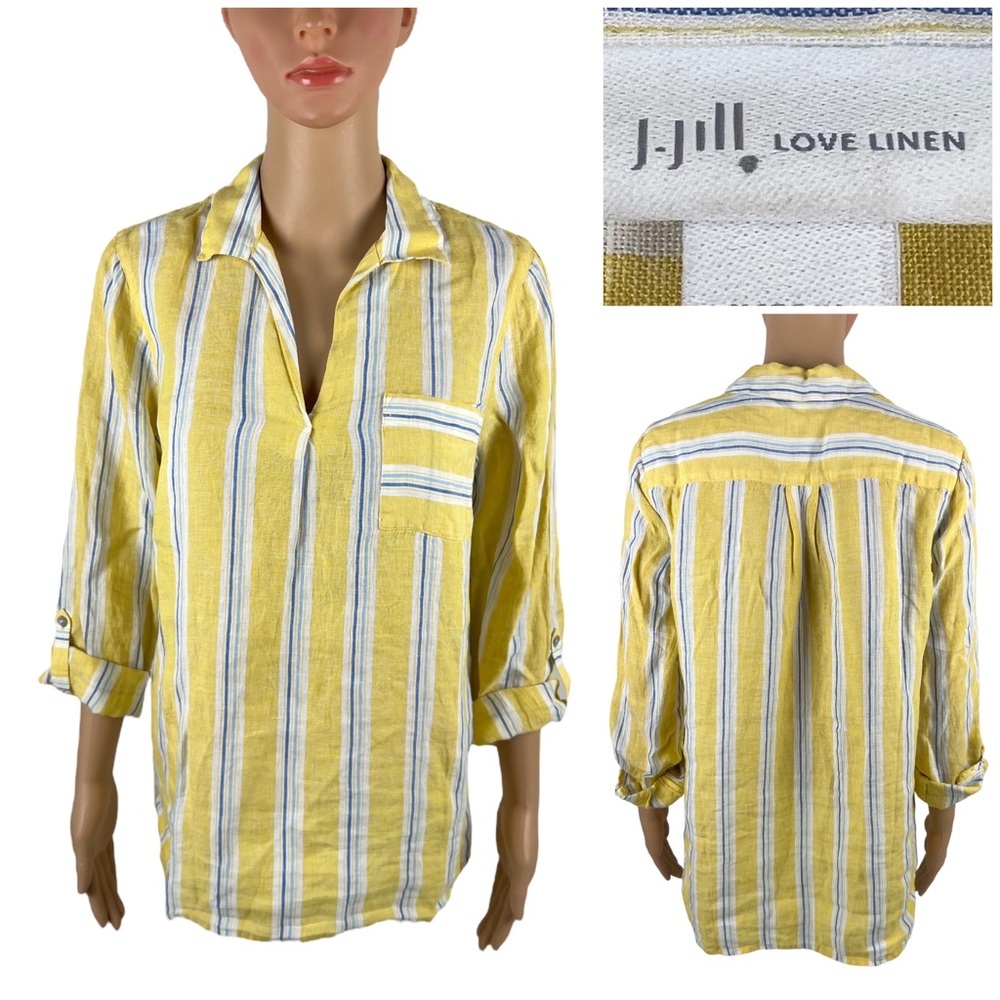 J Jill Love Linen Womens Small Top Long Sleeve 100% Linen Woven Yellow White EUC